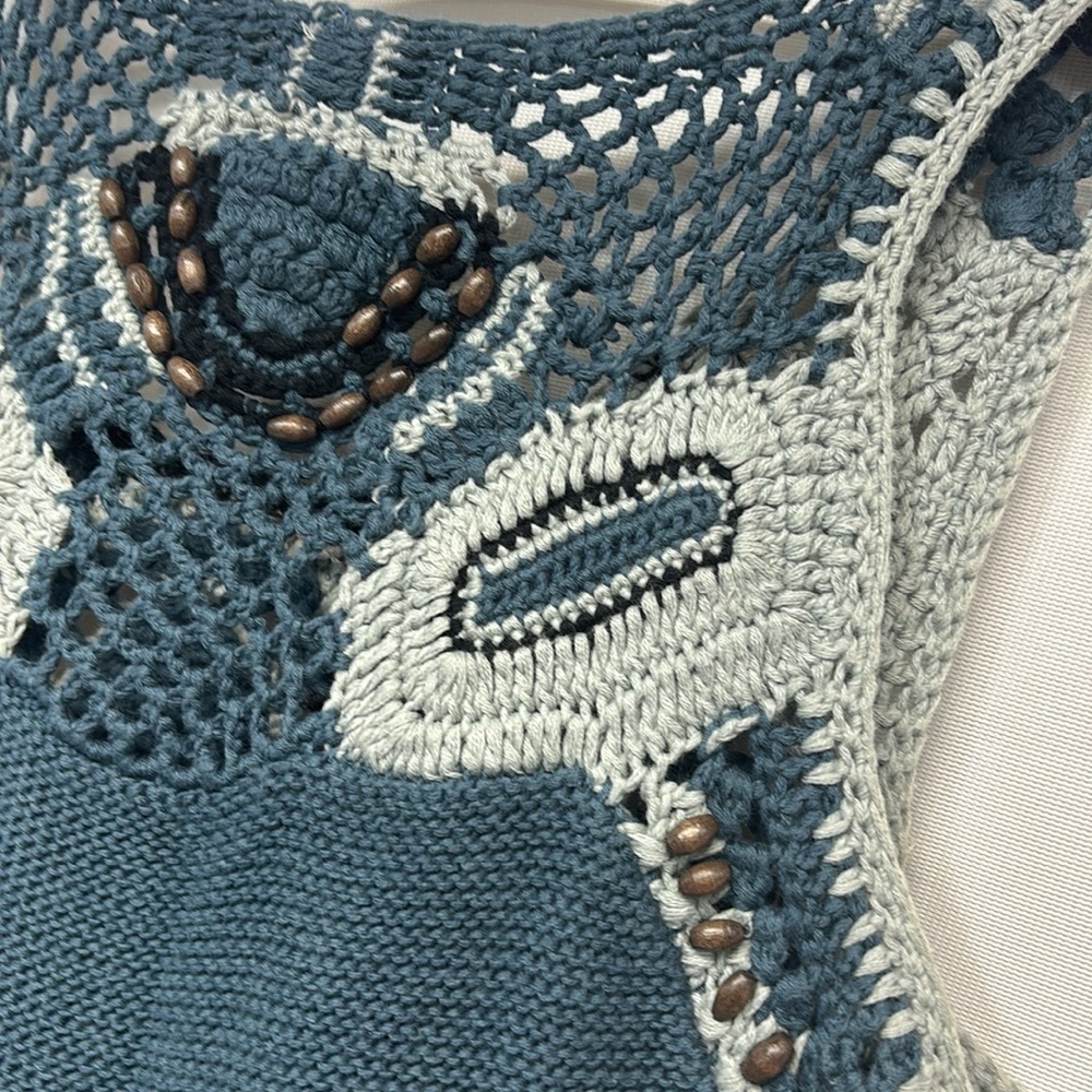 FREE PEOPLE Shades of Blue Crochet Hand Beaded Knit
Mini  skater Dress xs - Picture 8 of 12